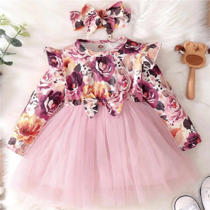 

Little Girls A-line Dress, Toddlers Floral Printing Lace Mesh Splicing Round Collar Long Sleeve Bow Princess Dress + Headwear
