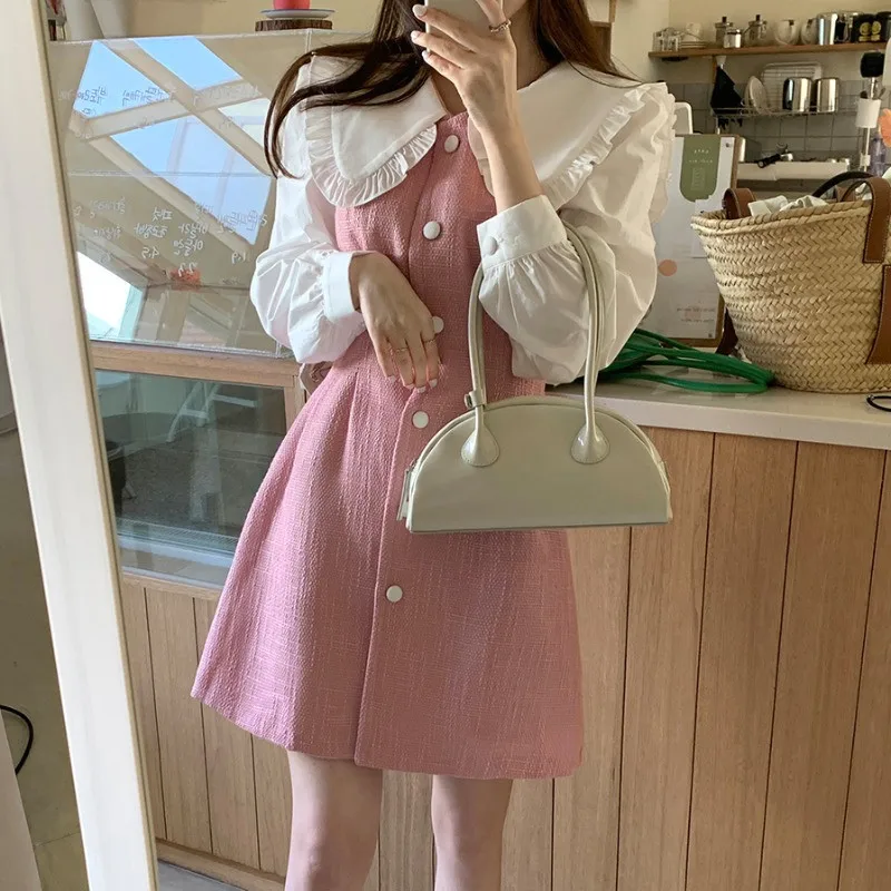 

French Celebrity Girl Fake Two Piece Little Pink Dress New Fall Fashion Long Puff Sleeve Cute Doll Collar Retro Slim Mini Dress