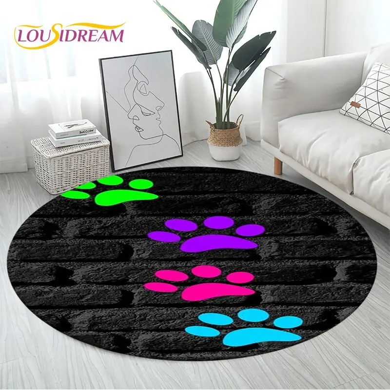 

3D HD Pets Footprint Sole Series Round Area Rug,Carpet for Living Room Children's Bedroom Sofa Playroom Decor,Non-slip Floor Mat