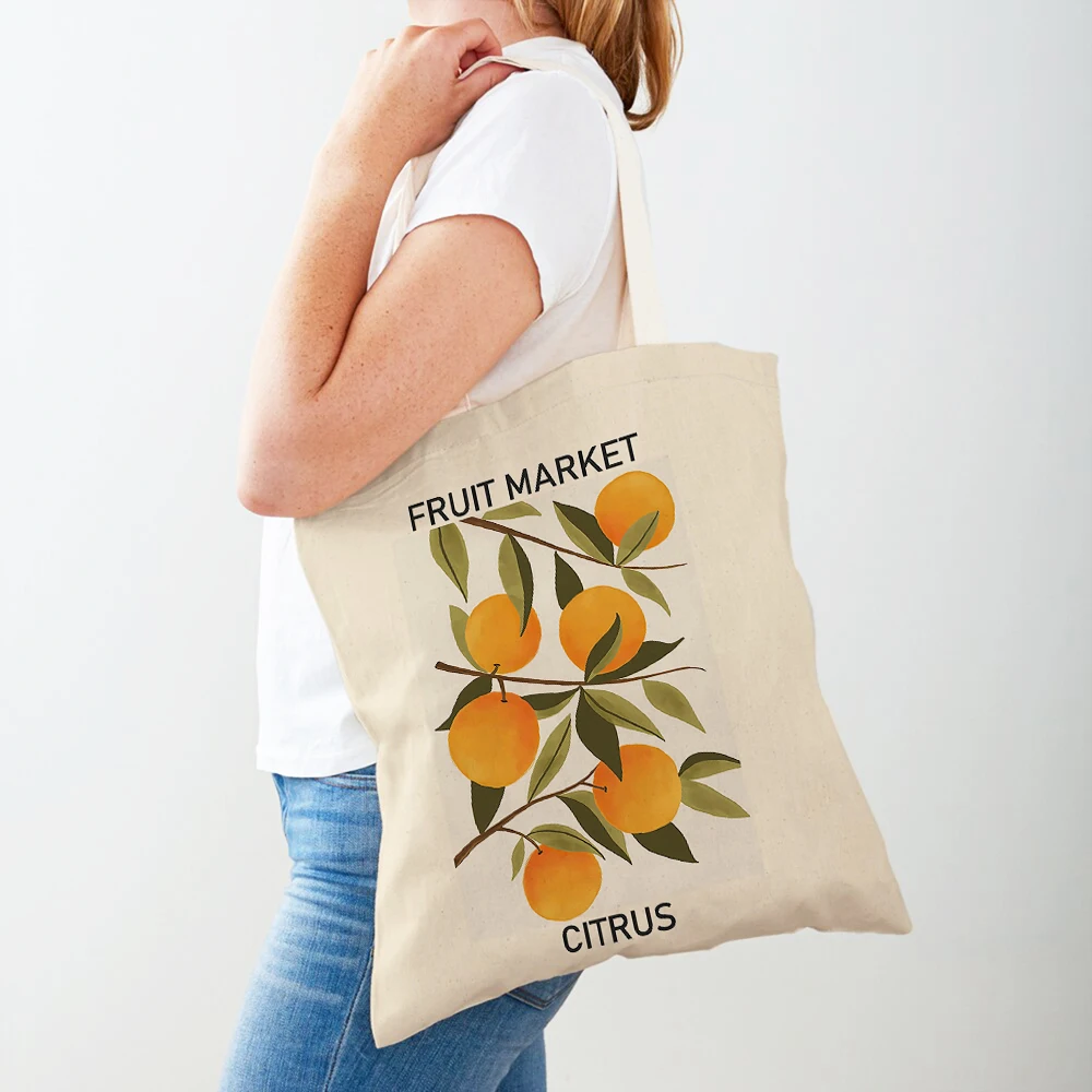 

Fruit Market Cherry Lemon Pear Banana Orange Women Travel Shopper Bags Tote Bag Canvas Plant Both Sides Handbag Shopping Bag