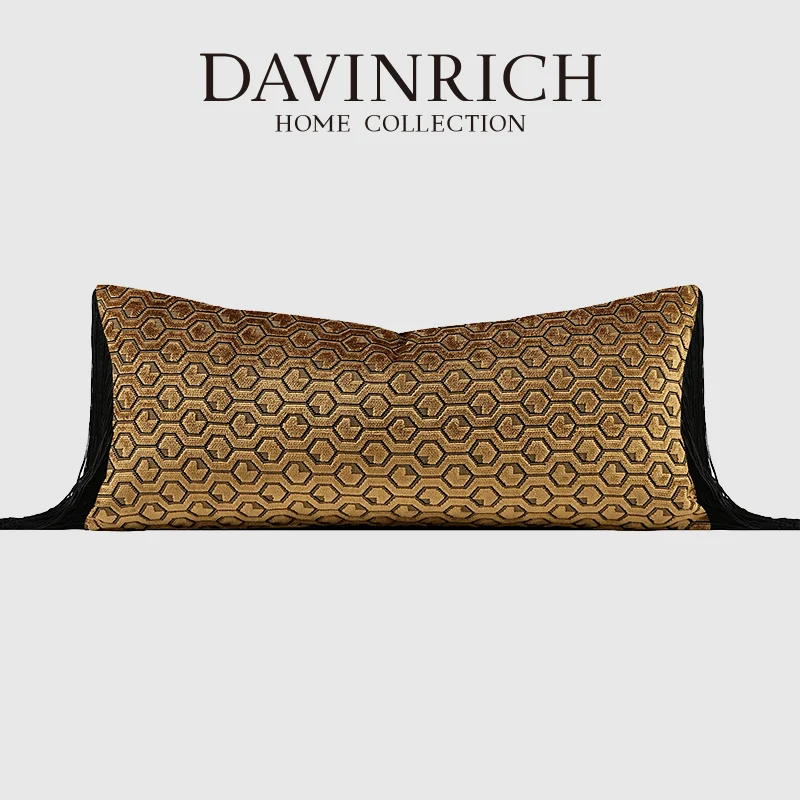 Фото DAVINRICH Роскошный чехол для подушки с золотой шестиугольной вышивкой и бахромой, для виллы, отеля, офиса №1