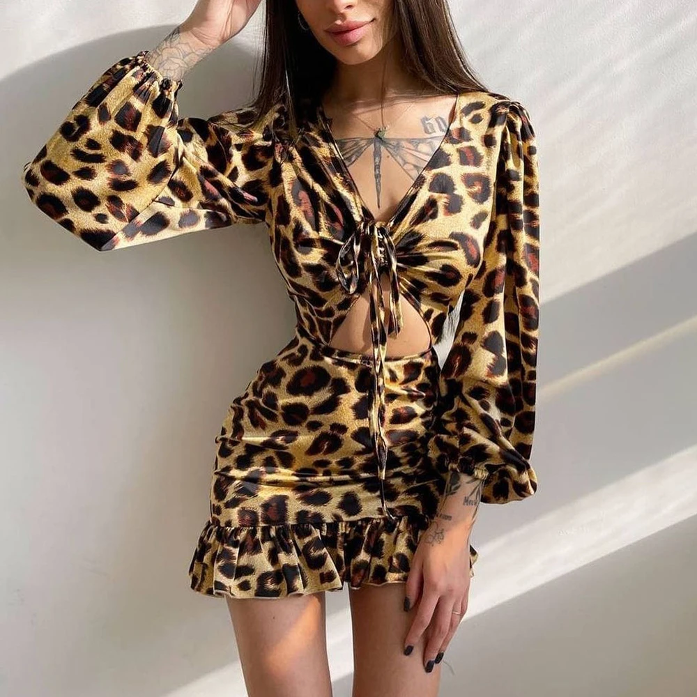 

Retro Leopard Print Dress Long Sleeve V Neck Sexy Hollow Out Slim Ruffle Dresses Women Fashion Slim Streetwear Mini Dress Summer