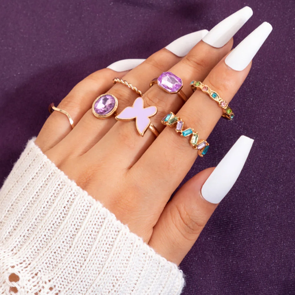 

Vintage Bohemia Colorful Zircon Butterfly Rings Set Shine Purple Rhinestones Ring for Women Fashion Fairy Jewelry Party Gift