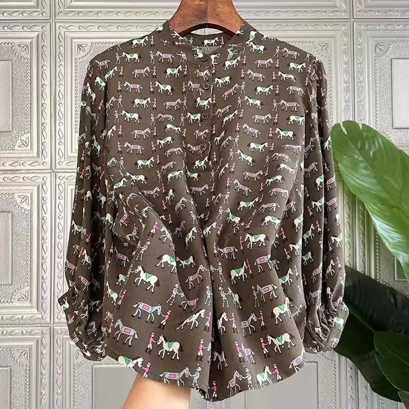 

Fashion Imitation Silk Shirt Women's 2022 Spring Summer New Printing Stand Up Collar Three-quarter Sleeve Top