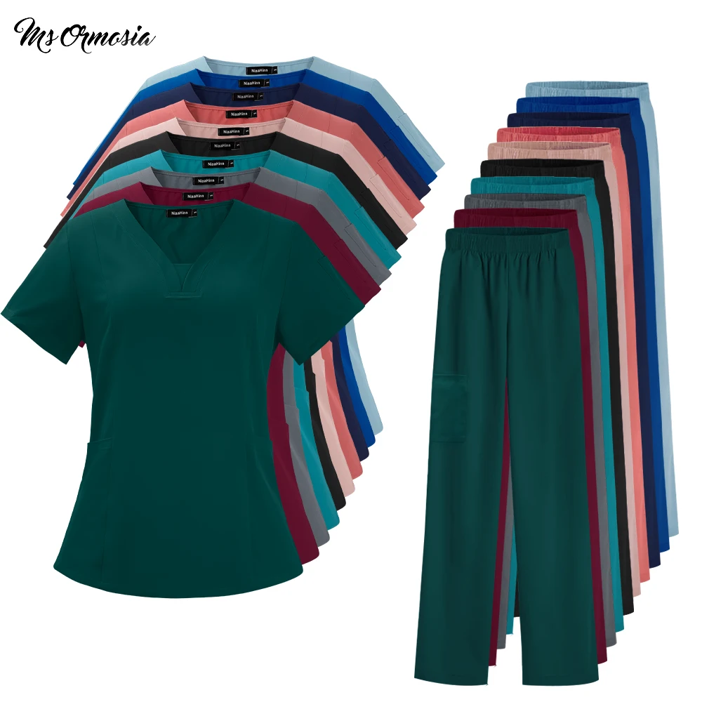 

Одежда для ухода за домашними животными, медицинская униформа медсестры, набор скрабов, одежда для операционной, хирургический халат, топы с коротким рукавом, эластичные брюки