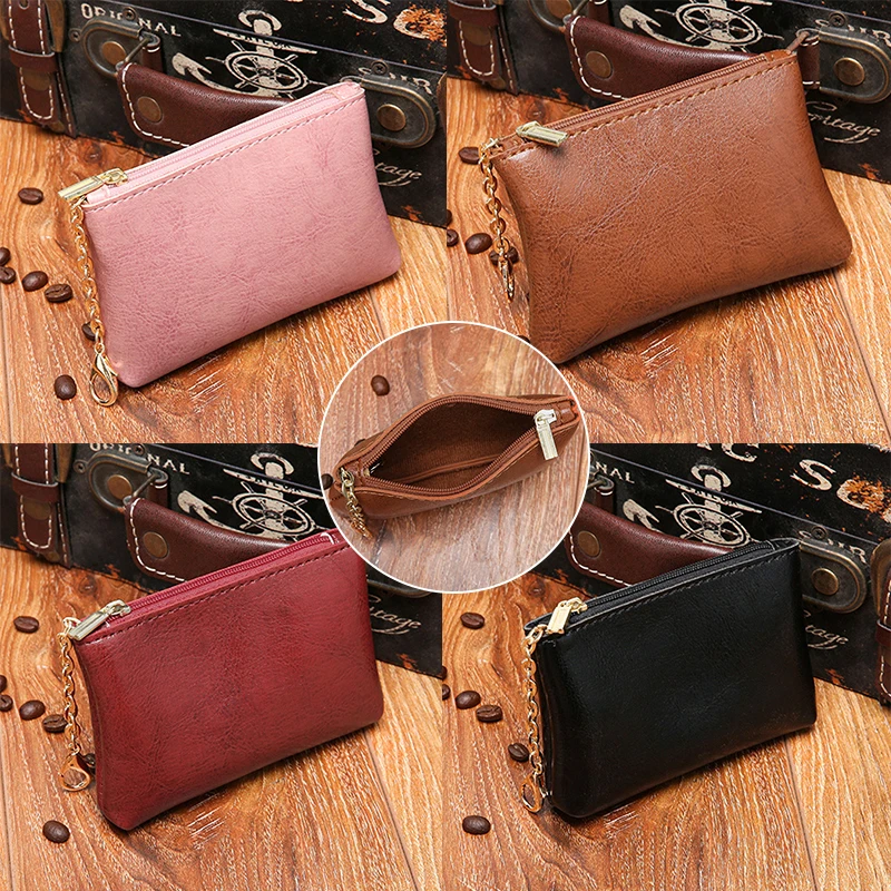 

Retro Oil Wax Skin Pattern Coin Purse Wallet Fashion Solid Color Change Purse Key Bag Portable Card Bag With Keychain