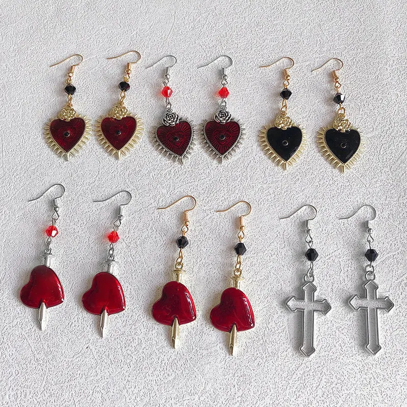 

Gothic Sacred Heart Earrings Evil Eye Charm Earrings Witch Jewelry Accessories Dagger Heart Cross Pendant Earrings Gifts for Her