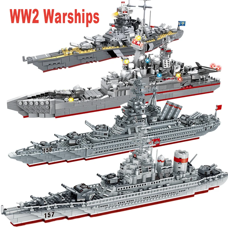

WW2 Military Warships Series Building Blocks Battleship Bismarck Retro Model Kit WW1 Soldier Weapon Boat Bricks Toys For Kids