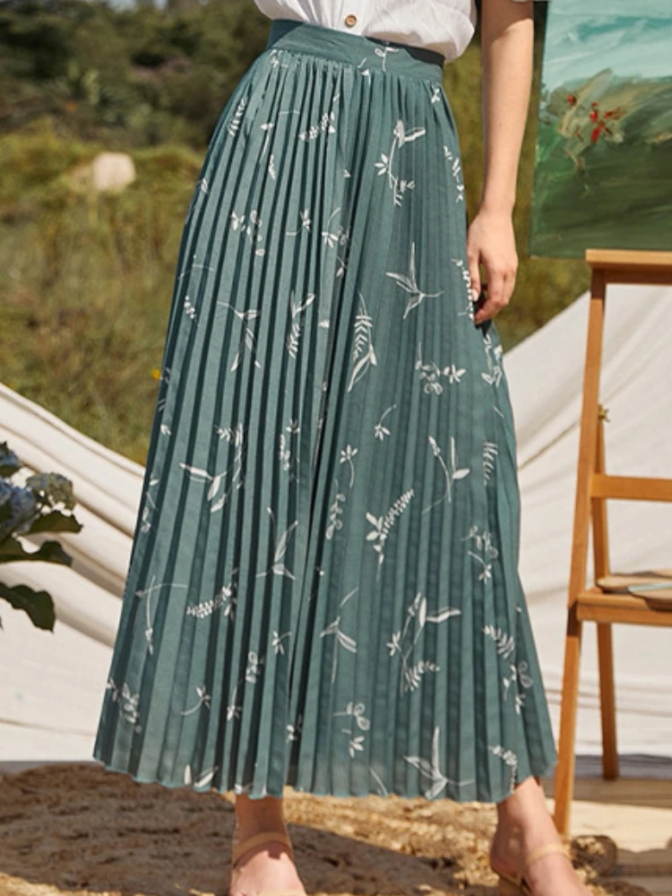 

Summer Casual Floral Chic Skirts Women Chiffon Pleated Elegant Midi Skirts Female Designer Print Leaf Slim Holiday Skirts 2022