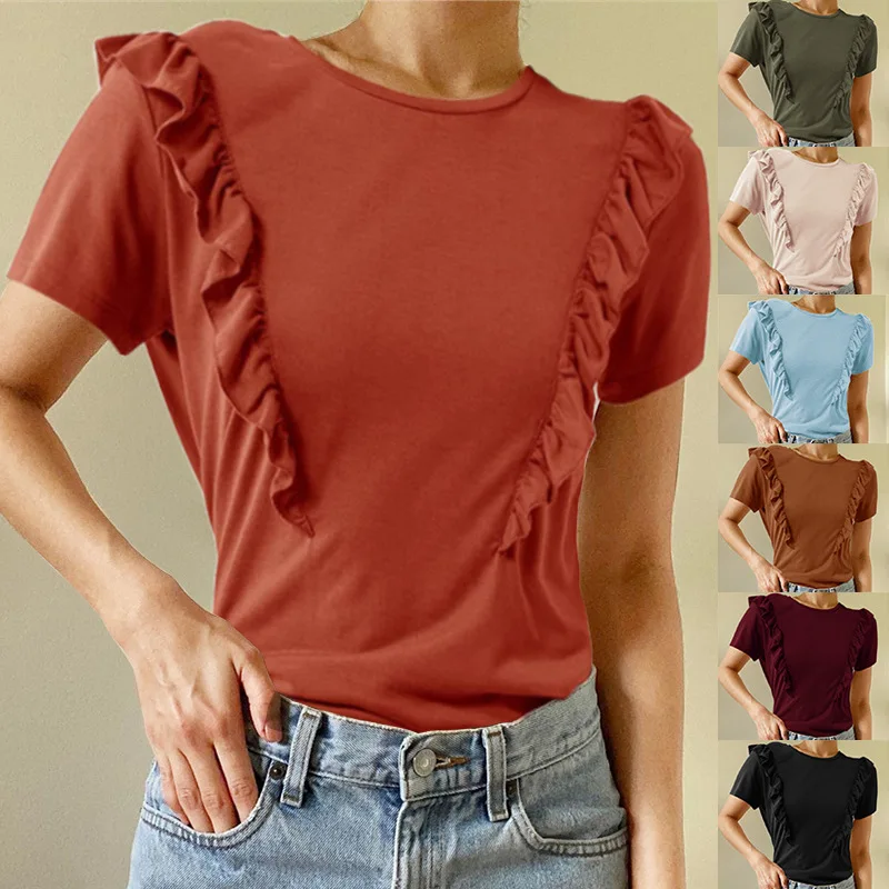 

Women's Summer Fashion New T-shirt Casual Loose Round Neck Top Solid Color Versatile Short-sleeved Women's Pullover T-shirt