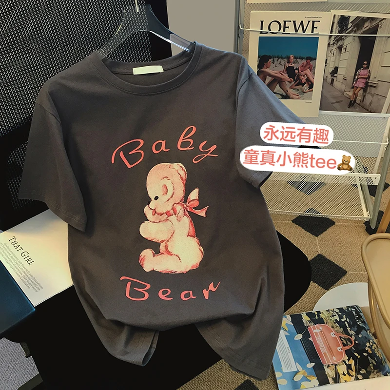 

Женские футболки, топы, японские Kawaii, женские Ulzzang, винтажные, с буквенным принтом медведя, свободные футболки, Женская Корейская одежда Harajuku...