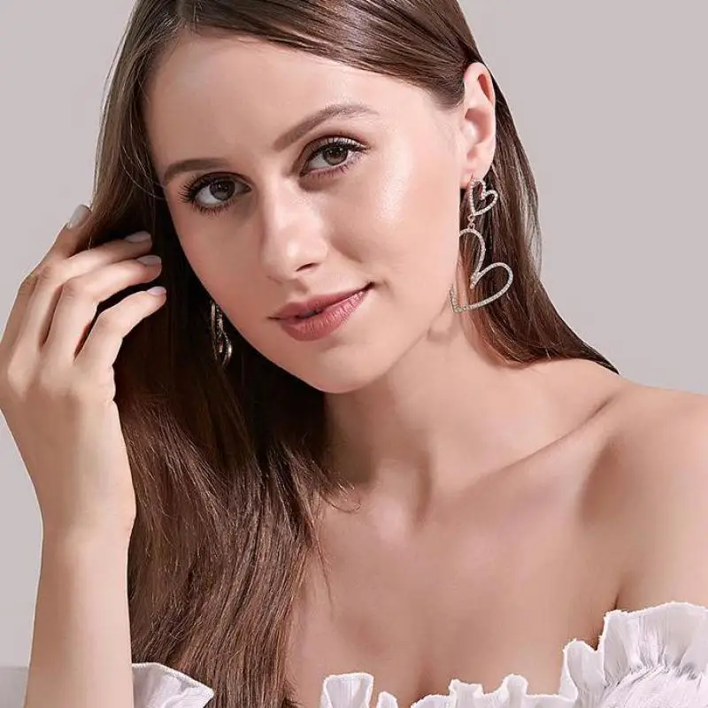 

Full Crystal Earrings Double Heart Drop Earrings For Women Jewelry Earing Exaggerated Long Zircon Heart Dangle Earrings