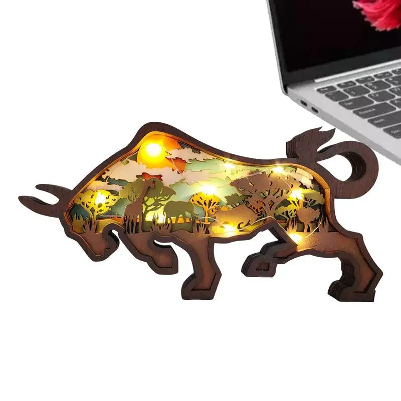 

Carving Forest Animal 3D Animal Wall Decor Multi-layered Hollow Bison Decoration With Built-in LED Lighting 3D Wood Bison