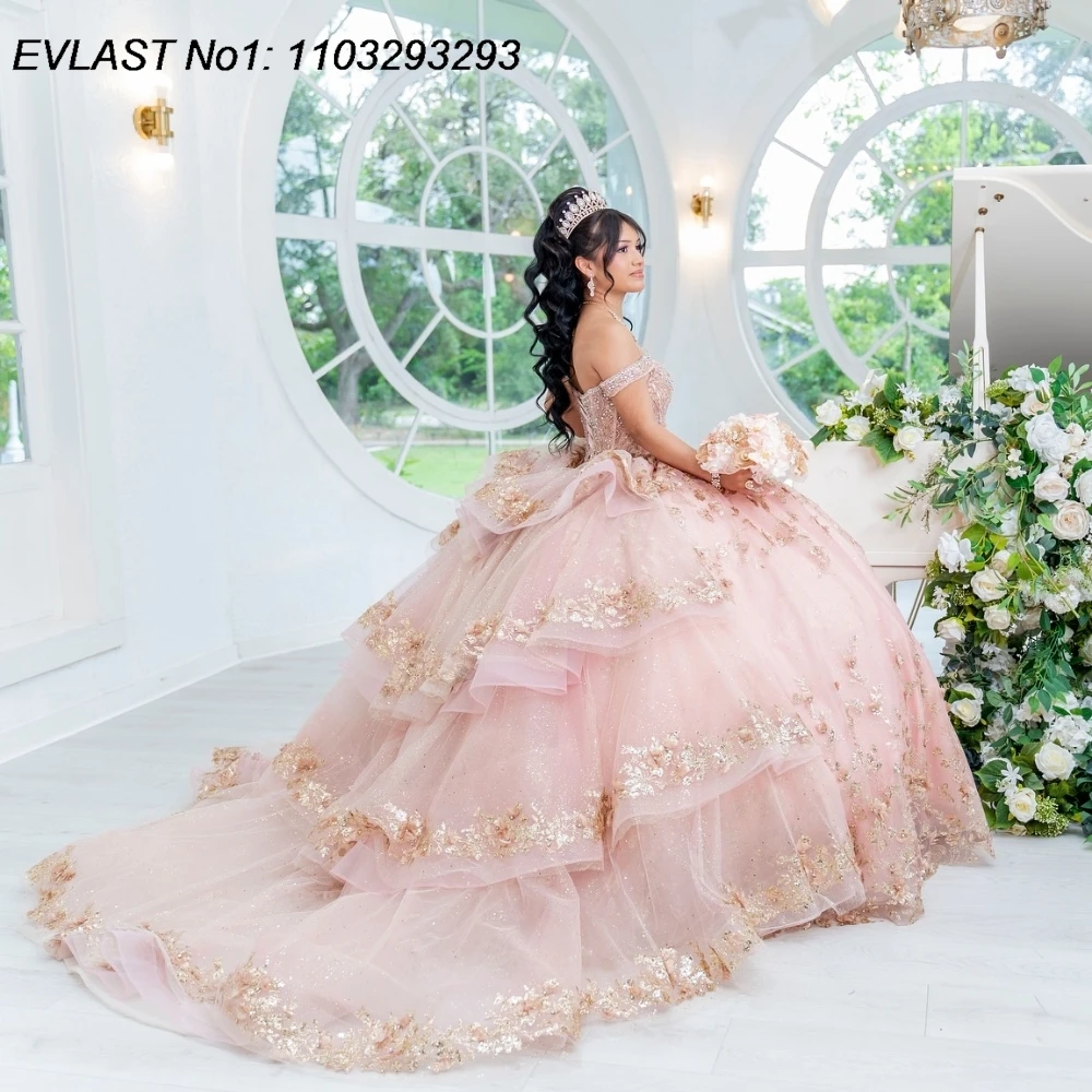 EVLAST индивидуальное мексиканское розовое платье Quinceanera бальное с золотой