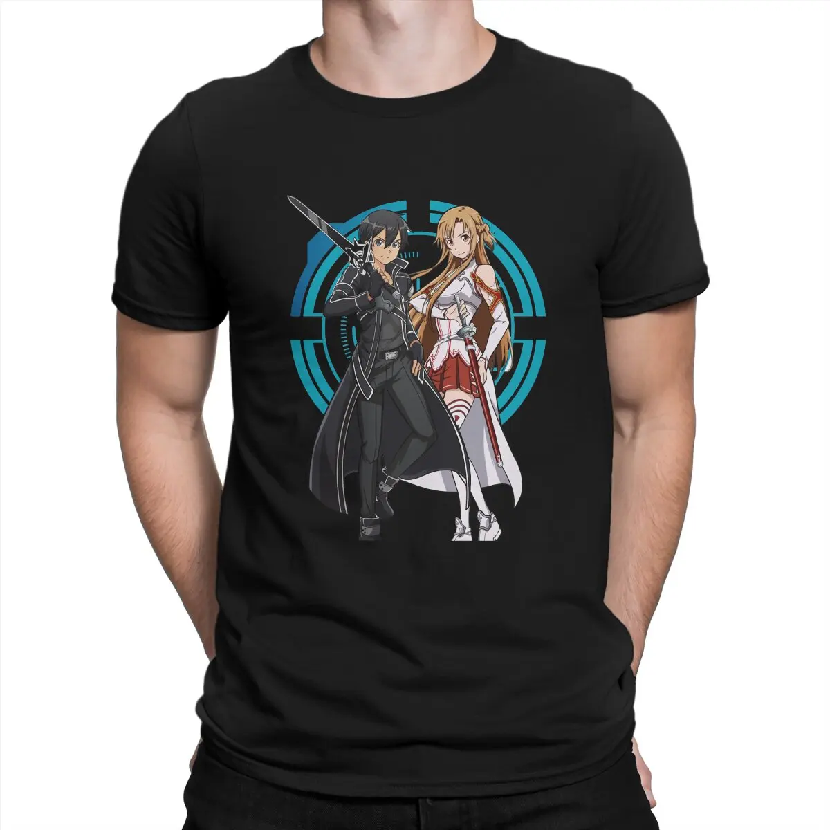 

Футболка мужская с аниме Asuna и Kirito, Классическая тенниска из чистого хлопка с коротким рукавом, с рисунком меча, для онлайн-ТВ-шоу, с круглым вырезом