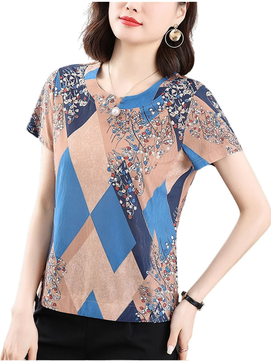 Блузка женская с коротким рукавом и круглым вырезом, на весну-лето