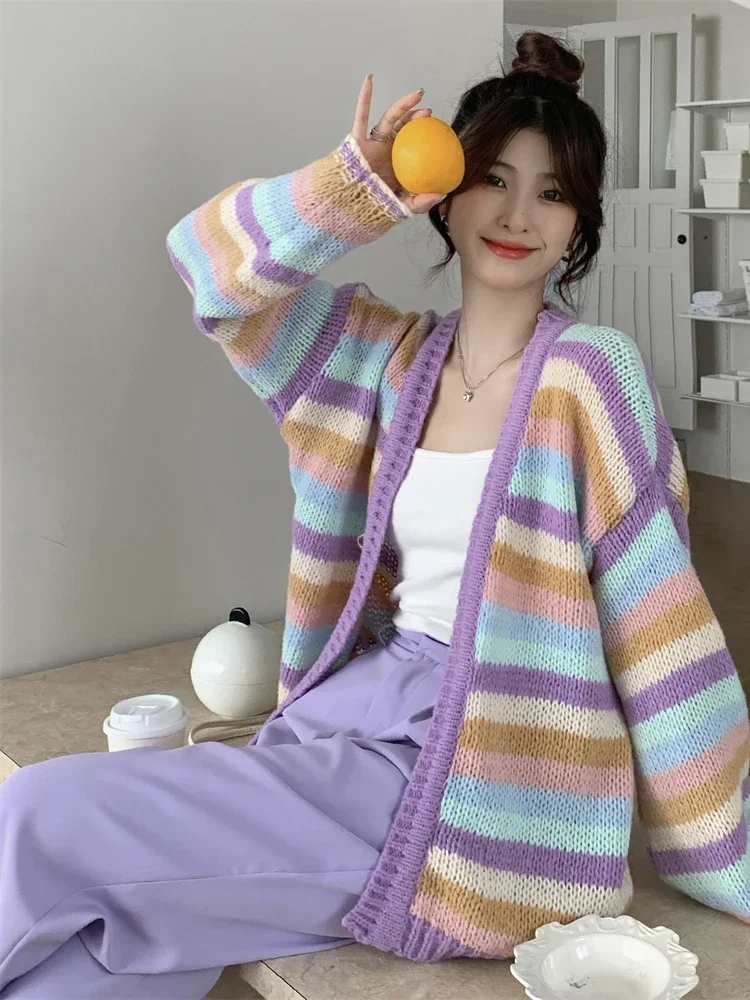 Кардиган в радужную полоску с длинными рукавами новый женский свитер милый