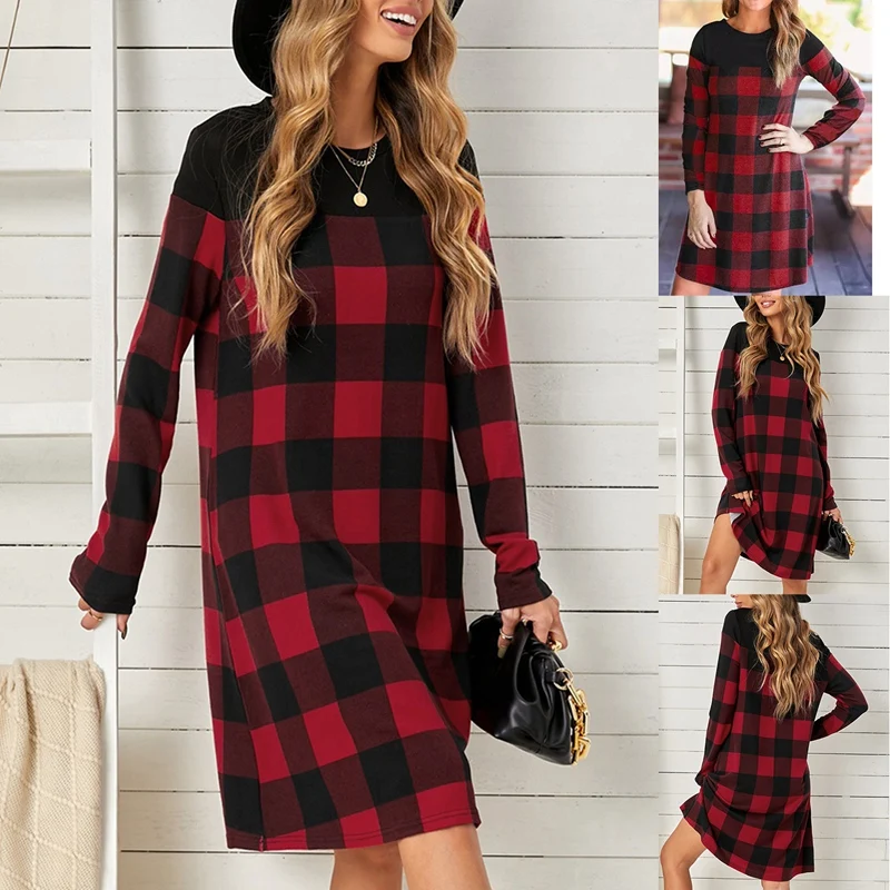

Женское повседневное свободное платье-туника в клетку с длинным рукавом