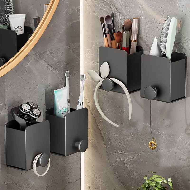 

YCRAYS Grey No Drilling Bathroom Shelf For Shampoo Cosmetics With Robe Hook Hanger Toiletries Accessories Corner Storage Rack