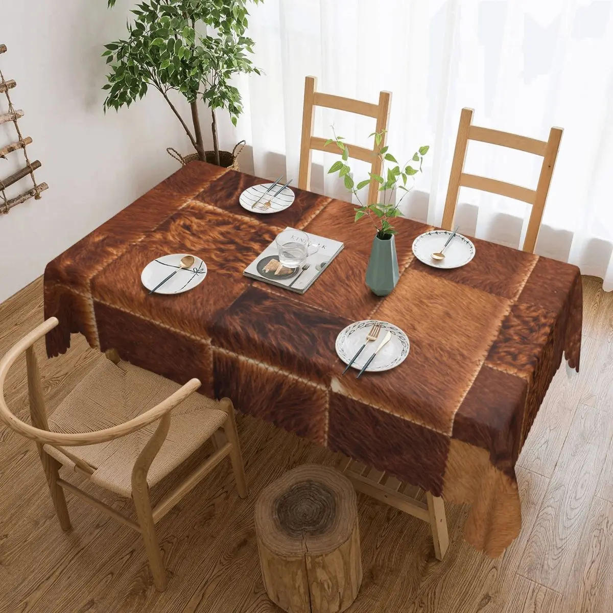 

Rectangular Oilproof Brown Checkered Cowhide Patche Table Cover Animal Fur Leather Texture Table Cloth Tablecloth for Picnic