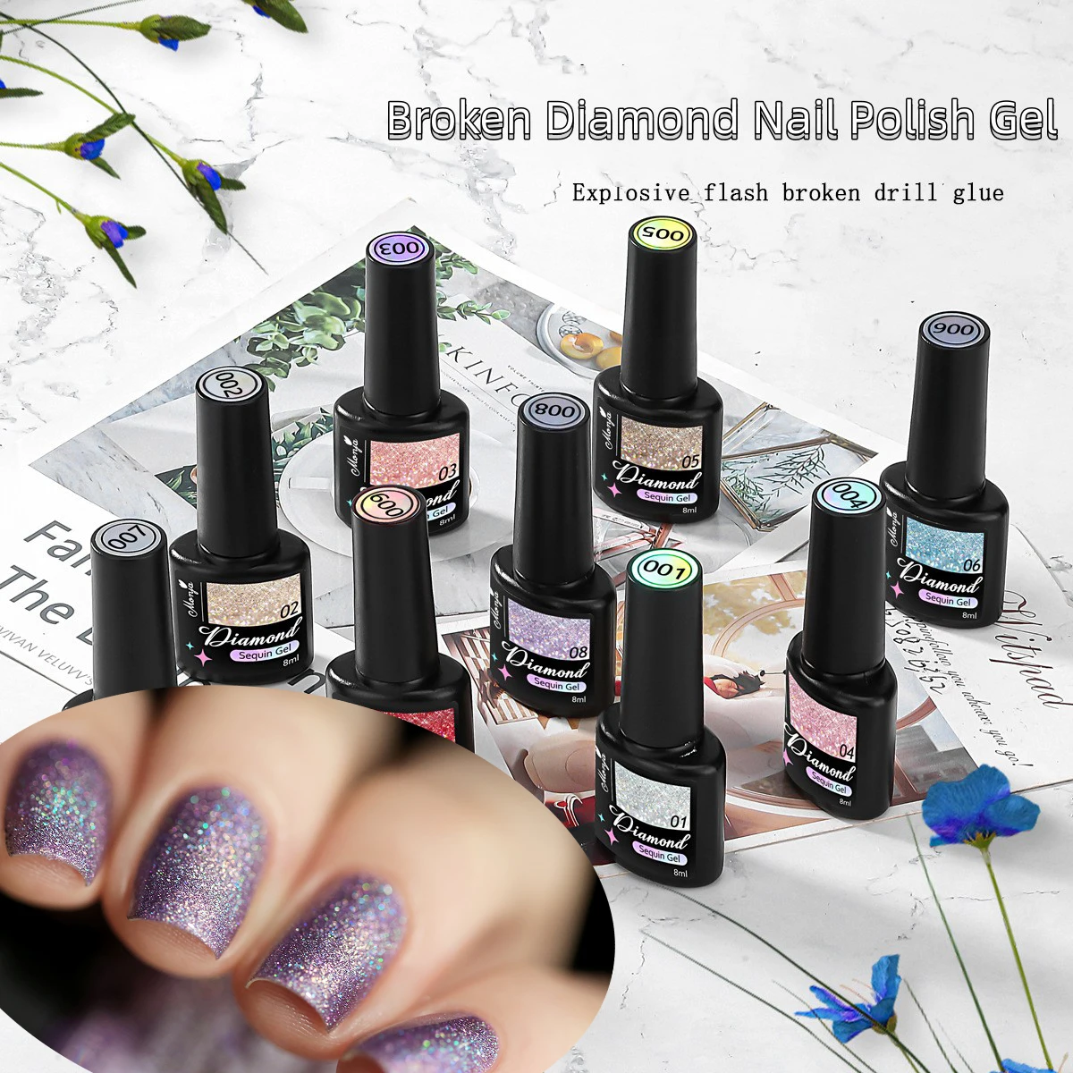 

1PC 8ml Broken Diamond Nail Polish Gel Pop Colorful Disco Semi Permanent Varnish 9 Colors Glitter Shiny Phototherapy UV LED Gel*