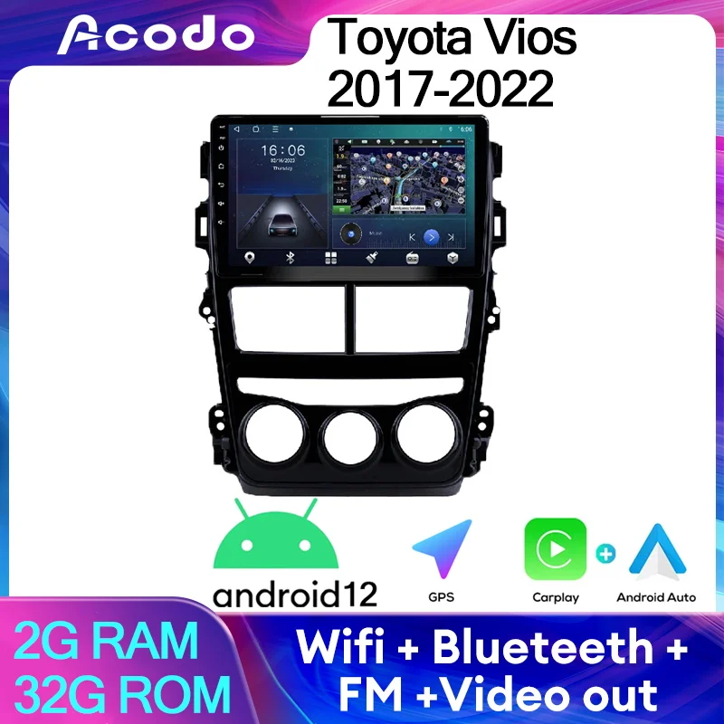 

Acodo 2din 9''Headunit Android12 For Toyota Vios 2017-2022 Car Radio SWC iPS Screen Player Wifi BT TV FM GPS Carplay Auto Stereo