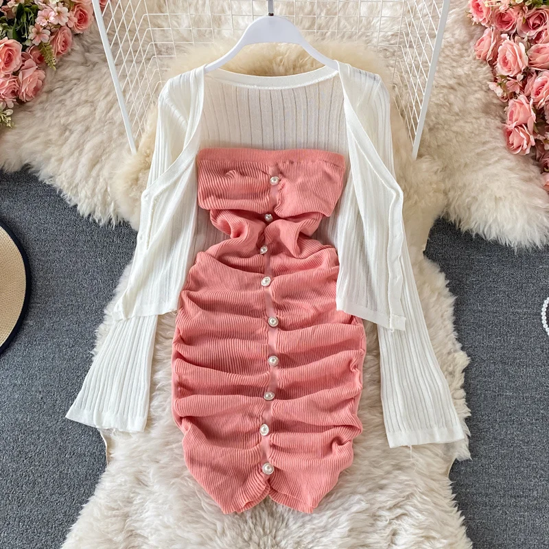 

New Women Spring Summer 2-piece Suit Mini Short Strapless Pleated Knitted Dress + Thin Sunscreen Cardigan Shirt Two Pieces Sets