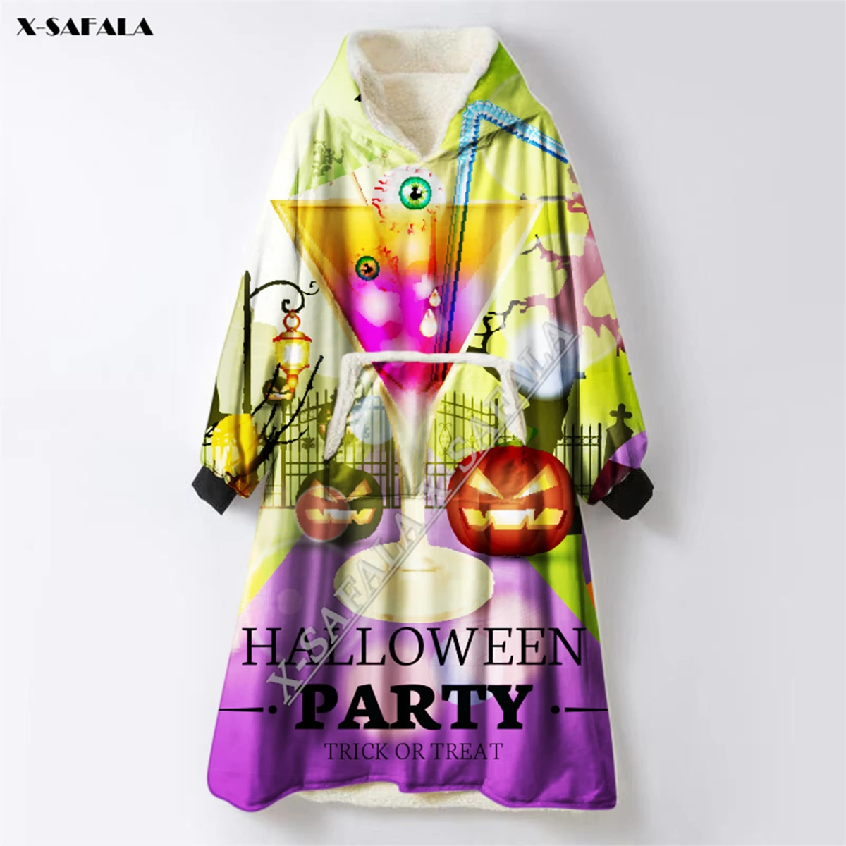 Halloween 3D Print Oversized Hooded Wearable Blanket Hoodie Nightgown Flannel Cotton Fleece Men Female Nightwear Winter Warm