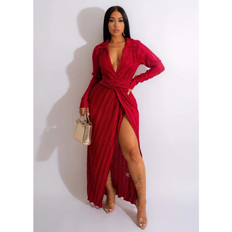 

Женское платье с V-образным вырезом, длинным рукавом и разрезом