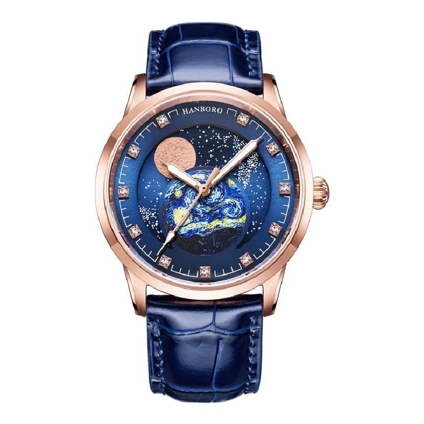 

HANBORO Men Automatic Watch Luxury Mens Moon Phase Watches 42mm Business Mechanical Wristwatches Waterproof Luminous Sapphire