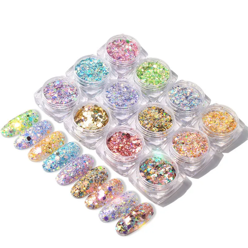 

12 Colors Mermaid Hexagon Nail Glitter Powder Holographic 3D Sparkly Paillette Flakes Shining Charm Nail Art Sequins Decorations