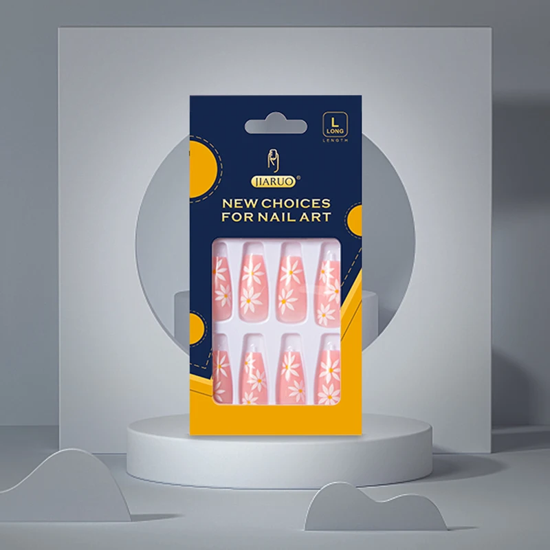 

JIARUO 24Pcs/Box Long Coffin Nail Press on Fake Nails Art Y2k Finished Removable Full Coverage Nail Patch Idyllic Sunflower Nail