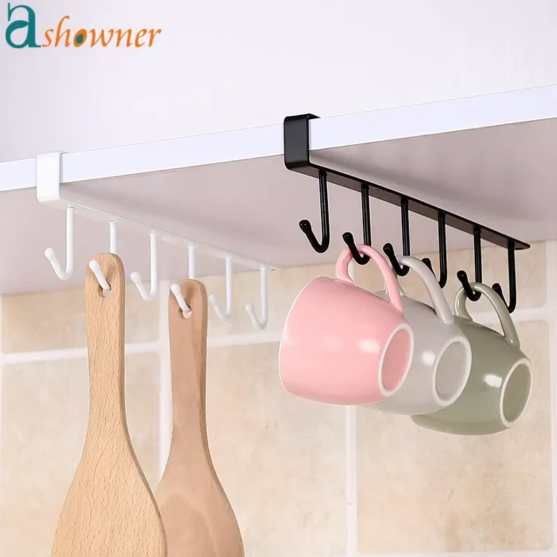 

NEW2023 Iron 6 Hooks Storage Shelf Wardrobe Cabinet Metal Under Shelves Mug Cup Hanger Bathroom Kitchen Organizer Hanging Rack H