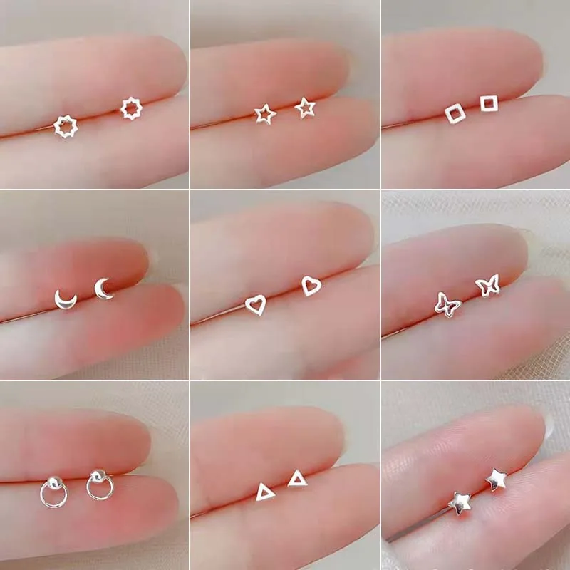 

Tiny Minimalist Silver Color Korean Mini Small Heart Stars Stud Earrings For Women Student Teen Ear Piercing Jewelry Accessories
