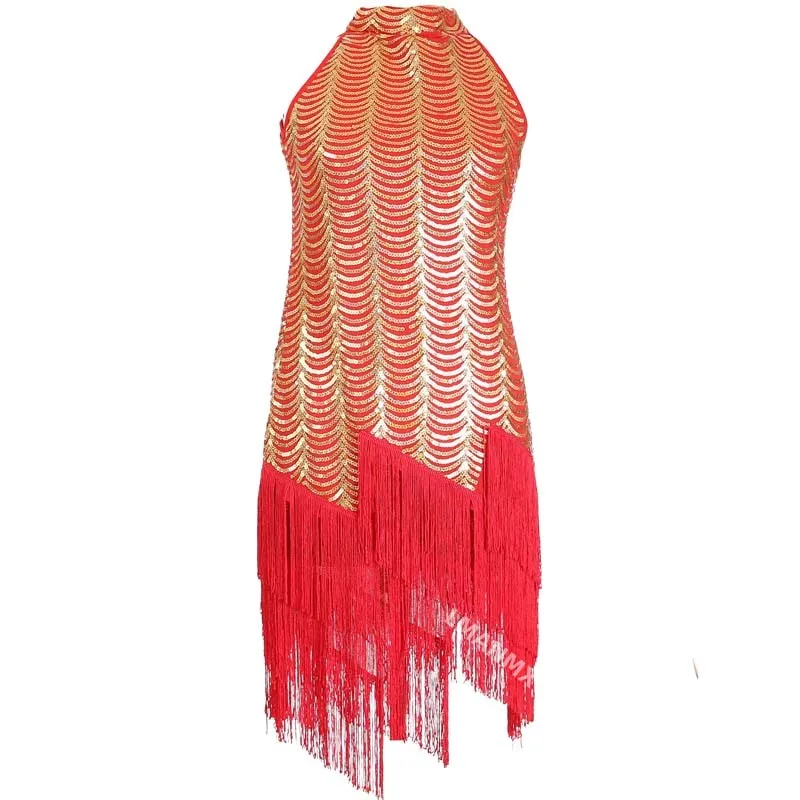 Женское платье для латиноамериканских танцев красное с бахромой и блестками