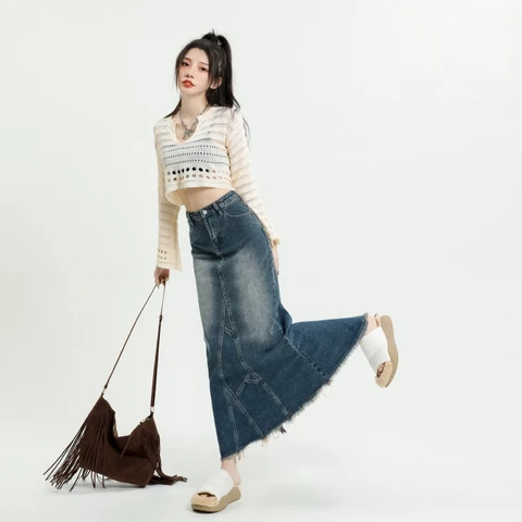 Classic Retro Blue Women Denim Skirt Casual Tight Sexy Irregular Women'S Long Denim Skirt  Female Charm Skirt Street Dress