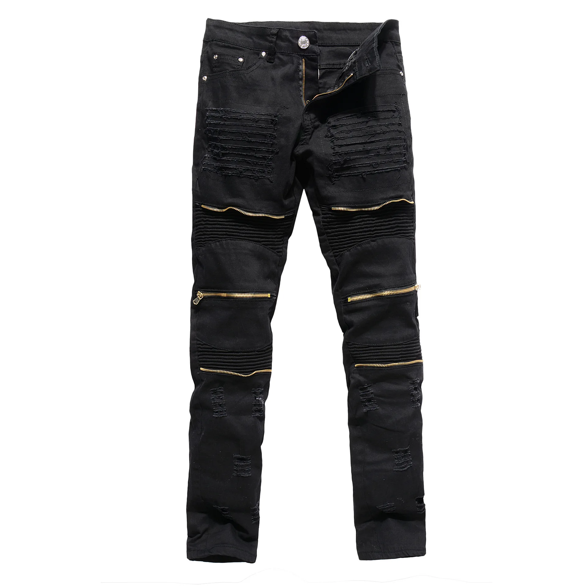 Men's Jeans Multi Zipper Decoration Fashion Trend Nightclub Pants Solid Color Full Length Ripped Jeans Male Trousers