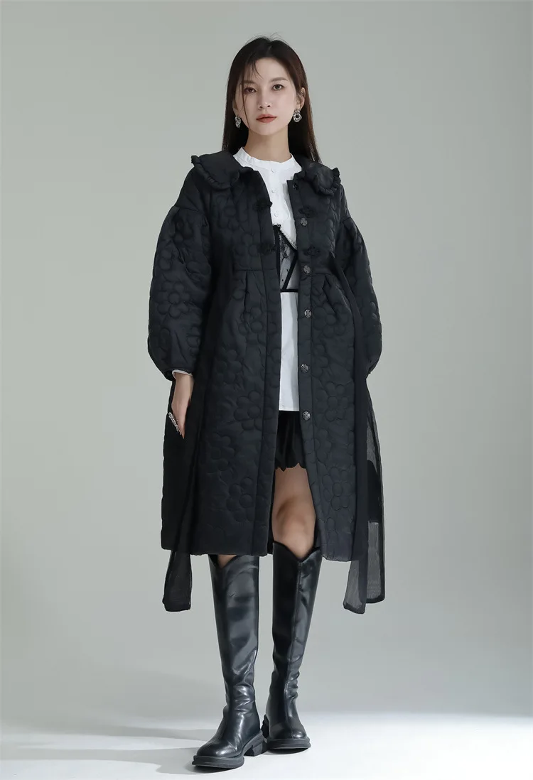 Small Medium and Long Lotus Collar Button Cotton Coat Loose and Thin Cotton Coat Woman