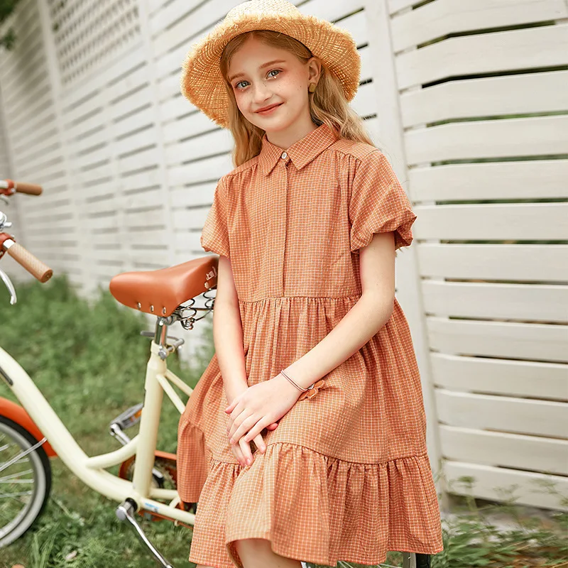 

New Teen Girls Kids Plaid Dress 2022 Cute Puffle Sleeve Children Ruffles Dress Girls Button Casual Dress，#2131
