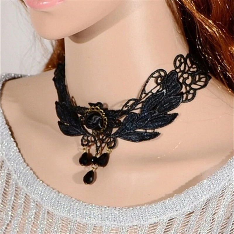 1 pcs gothic vintage hot sale women black rose teardrop pendant sexy lace necklace lolita collar necklace brand newly free global shipping