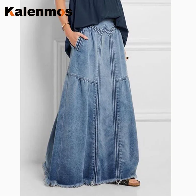 

KALENMOS 2022 Denim Jeans Women Long Skirt Stretch Vintage Loose Slim Fit Blue Club Streetwear Cotton Sexy Harajuku Skirts