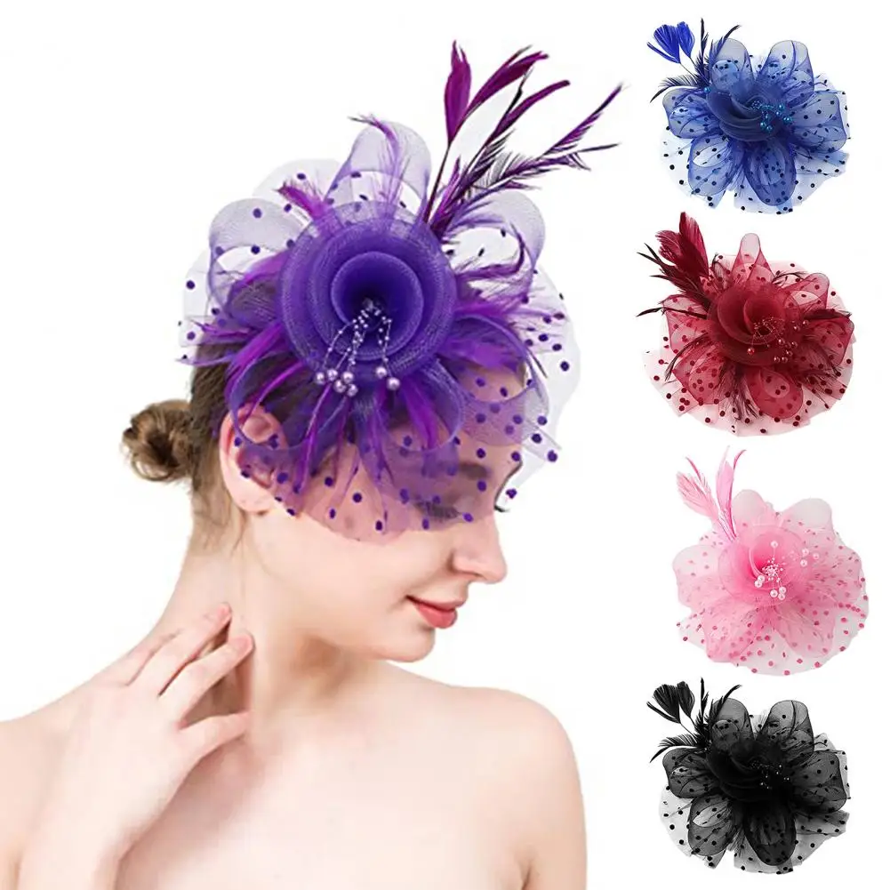 

Dropshipping Fascinator Hat Mesh Feather Flower Decor Headdress Wedding Headgear Faux Pearl Head Decor Hat Bridal Hair Accessori