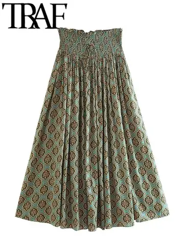 TRAF FANS 2023 Women Thin Printed Maxi Skirt High Waist Bow Tied Shirring Wide Waistband A-Line Swing Female Long Skirt  Vintage