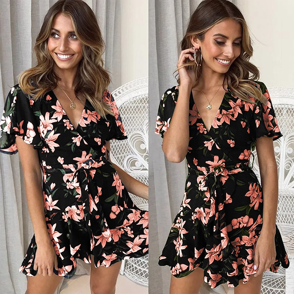 

Sexy Floral Mini Dress Women Short Sleeve Sashes Summer Cottagecore Dresses V Neck Tunic High Waist Sundress Female 2023 Bodycon