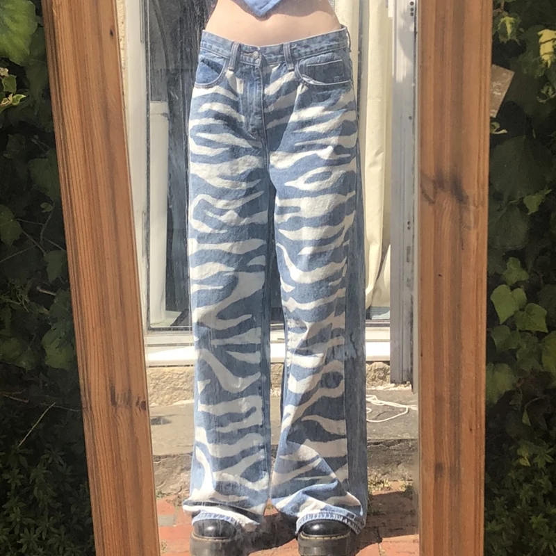 

Zebra Printed Pants Ladies 2021 New Loose Jeans Streetwear Fashion High Waist Sweatpants Wide Leg Pants Jeans Spring Autumn