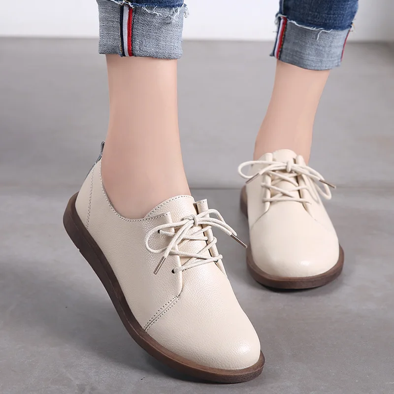 

Women's Soft Sole Oxford Shoes Spring Autumn Flat Shoes Women's Leather Casual Flat Shoes Lace Up Solid Color
