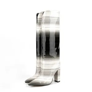 Black And White Stripe Gradient Boots Women Spring Autumn Patent Leather Square High Heel Shoes Mixed Colors Slip On Big Size 47