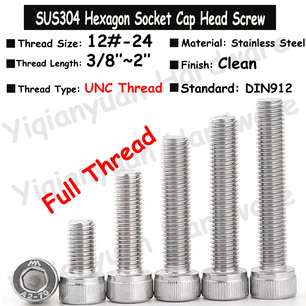 

5Pcs~10Pcs 12#-24 UNC Thread DIN912 SUS304 Stainless Steel Hexagon Socket Knurled Cap Head Bolts Allen Key Screws Full Threaded