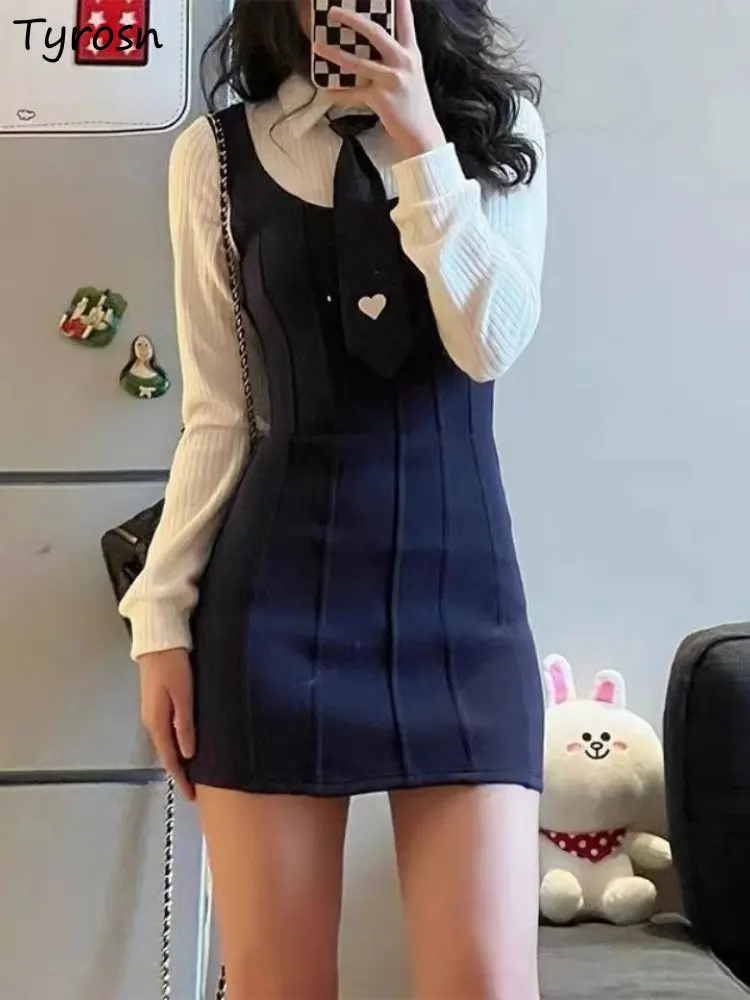 

Вязаные женские платья из двух частей, милые приталенные пикантные модные мини-платья Ulzzang в стиле преппи для отдыха и студентов, осенний дизайн