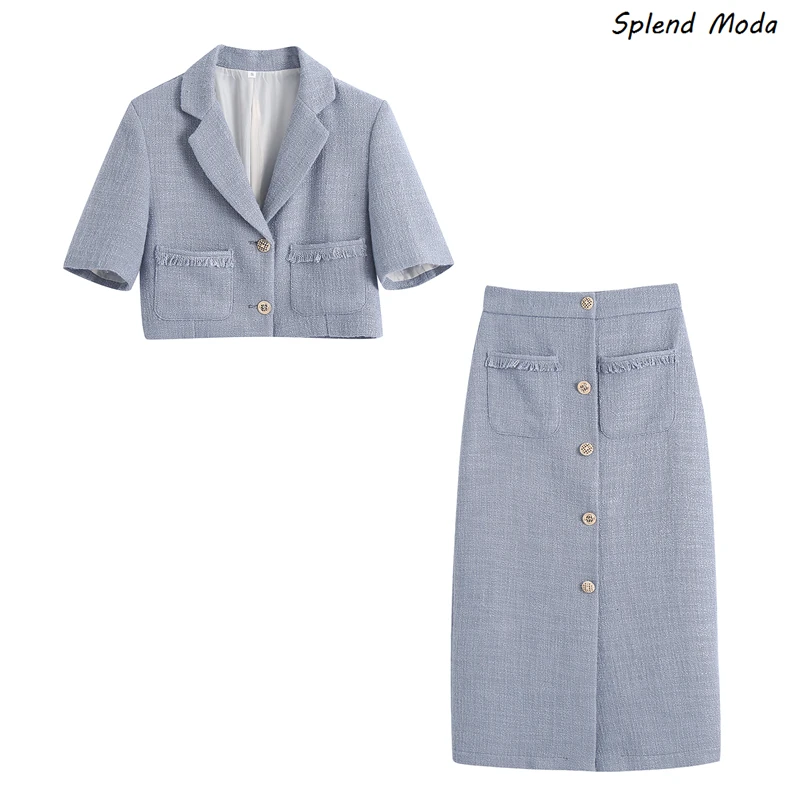 

Splend Moda 2021 Summer Turn Down Collar Single-Breasted Pocket Textured Woven Short Jacket + Split High-Waisted Long Skirt